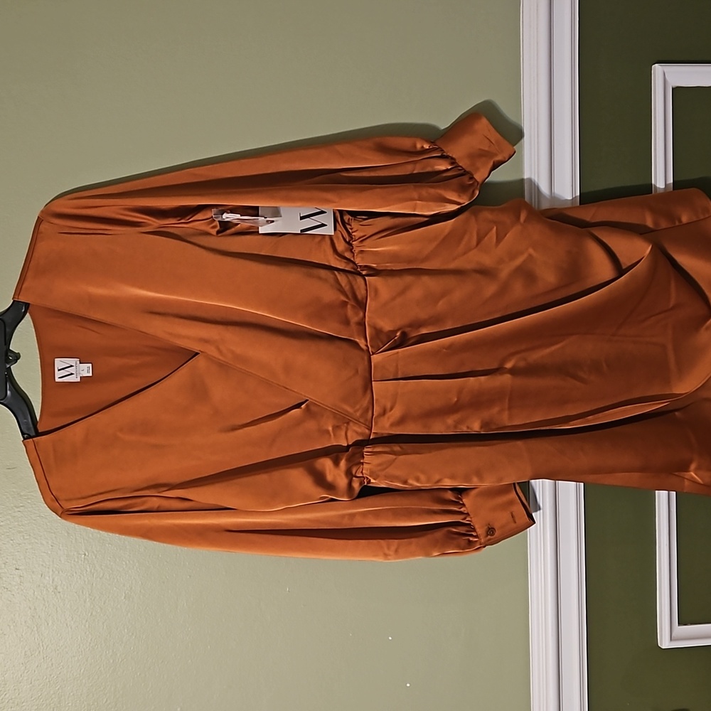 NWT! Women's Beautiful Bronze Faux Wrap Dress - Picture 3 of 6